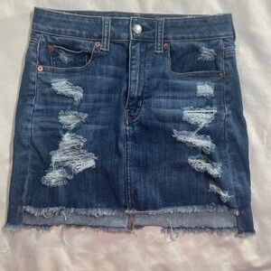 American Eagle Denim Mini Skirt Distressed Destroyed‎ Frayed Hem Women's